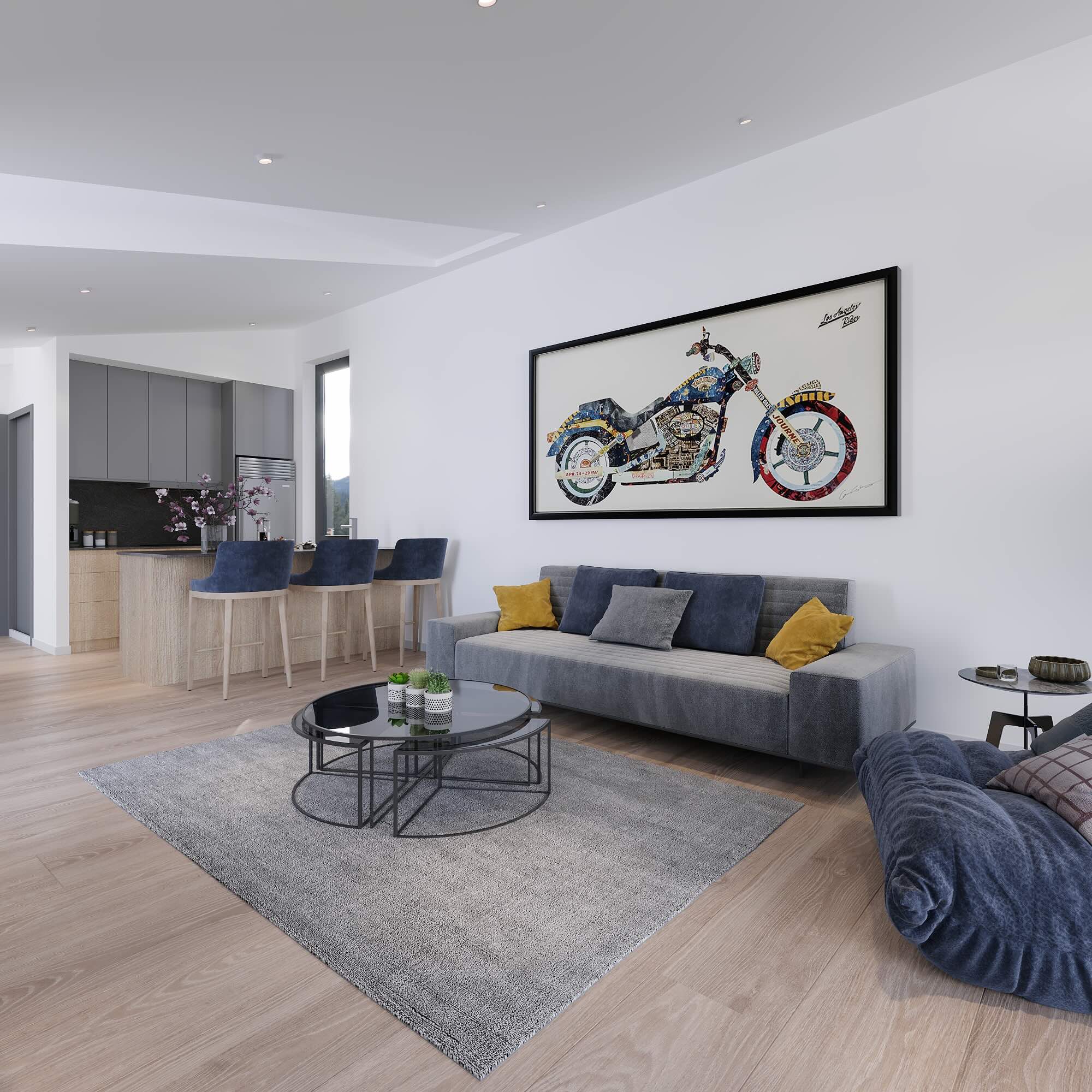 Custom coastal modular home Vancouver Island — living room 1